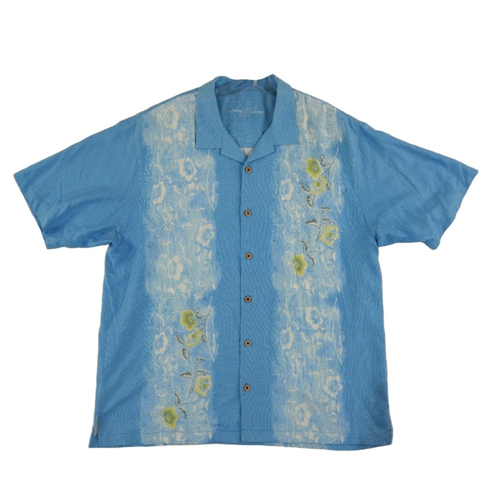 Tommy Bahama 100% Silk Camp Shirt Men's Size XL Blue Floral Embroidered Hawaiian
